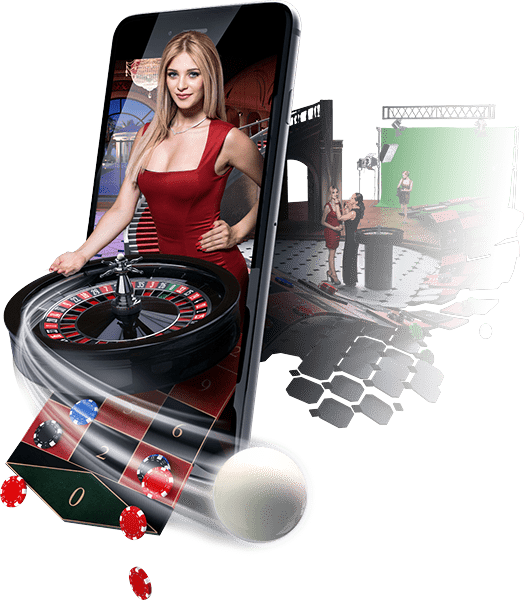 Een samengesteld beeld van online gaming in nieuwe casino's, met een roulettewiel op een telefoonscherm en een virtuele live dealer.