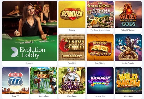 Een collage van thumbnails van Cookie Casino-spellen met een verscheidenheid aan gok- en tafelspellen, met een live dealer in de linkerbenedenhoek.