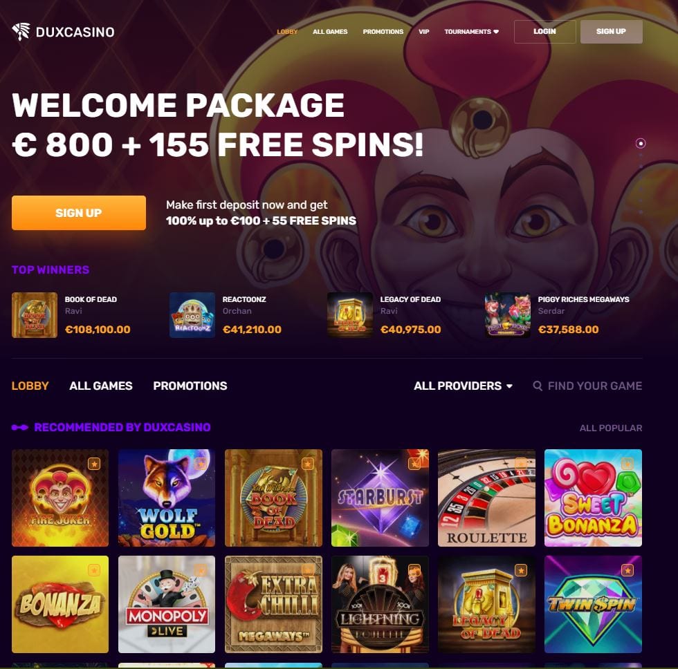 Duxcasino, een online casinoplatform, toont welkomstbonussen, gokspellen en huidige jackpots.