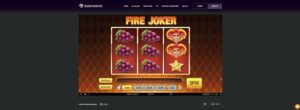 Online gokspelinterface met "fire joker" met fruit- en jokersymbolen op een gokautomaat met drie rollen bij Duxcasino, tegen een donkere achtergrond met onderstaande spelopties.