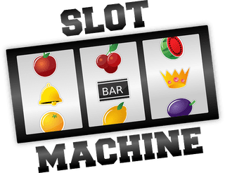 Een digitale illustratie van een gokkasten met verschillende fruitsymbolen, een bel, een kroon en een 'bar'-pictogram op de rollen.
