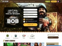 Promotiepagina voor bob casino met een stripfiguur en een aanmeldingsformulier voor nieuwe gebruikers.