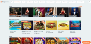 Een screenshot van een eenvoudig casinoplatform met een selectie live casinospellen en verschillende thumbnails van gokspellen.