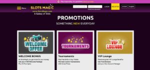 Webpagina van Slots Magic met promoties met secties voor "welkomstaanbieding", "toernooien" en "VIP-lounge".