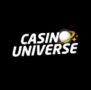 Logo van Casino Universe met witte tekst, een gele planeet met ringen en sterren op een zwarte achtergrond.