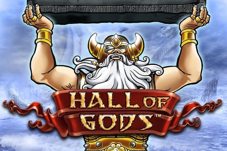 Een gespierde, geanimeerde vikinggod die een stenen tablet boven zijn hoofd opheft onder de titel "Hall of Gods™".