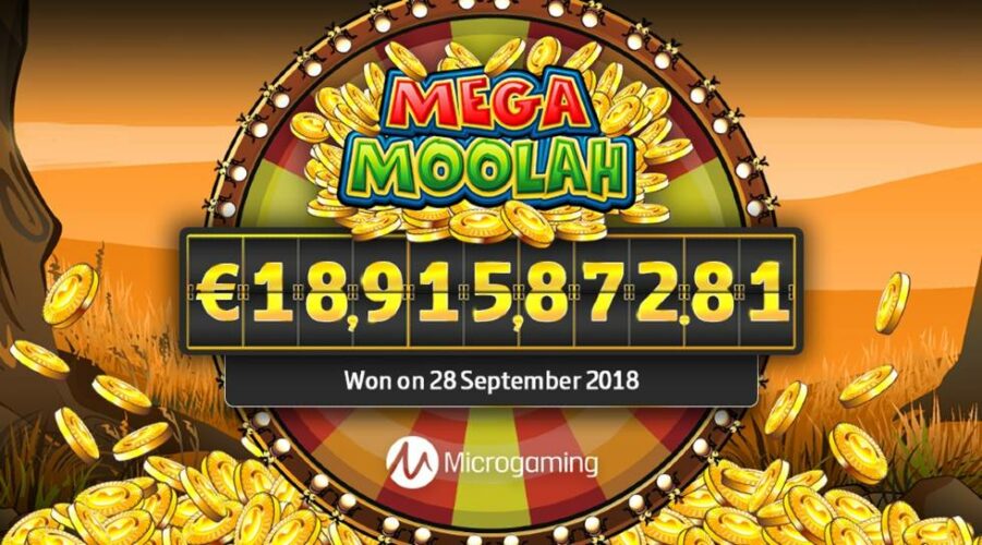 Promotieafbeelding voor Mega Moolah, waarin een jackpotwinst van € 18.915.872,81 op 28 september 2018 door Microgaming wordt benadrukt.