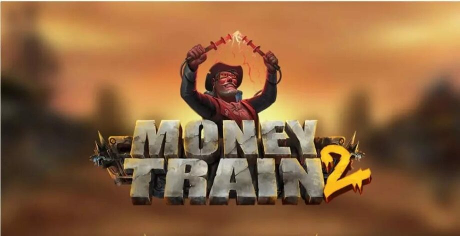Een promotionele afbeelding voor "Money Train 2" met een gemaskerd personage dat feestviert met geld tegen een oranje achtergrond met een westers thema.