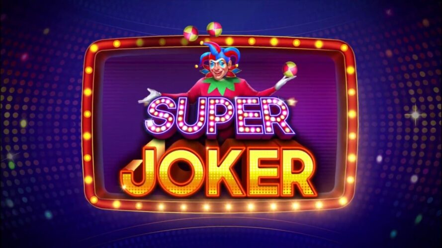 Kleurrijke "super joker"-titel op een scherm met een geïllustreerd nar-personage dat boven de tekst jongleert.
