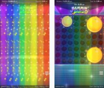 Side-by-side screenshots van het kleurrijke en levendige online gokspel "jammin' jars" van Push Gaming, waarin verschillende gameplay-stadia worden weergegeven, waarbij de ene een regenboogfunctie toont en de andere de