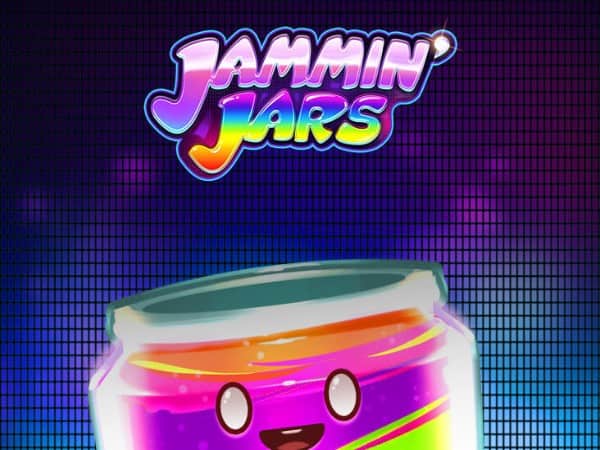 Kleurrijk logo voor jammin-potten met een lachend pot-personage op een korrelige achtergrond.