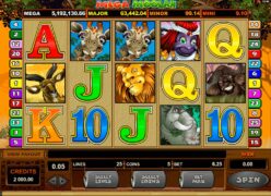 Colorful online slot game screen from Mega Moolah featuring animal symbols and jackpot values.