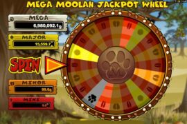 Online slot game interface featuring the "mega moolah jackpot wheel" with a spin button and four mega moolah jackpot levels displayed.