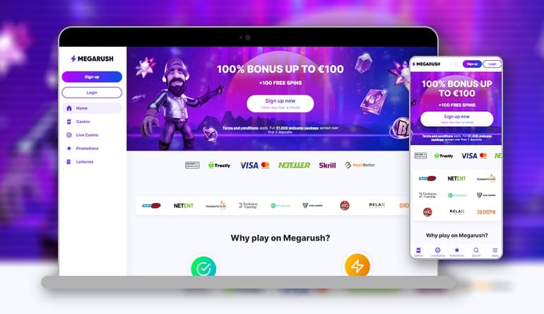 Responsief webontwerp voor MegaRush Casino, met een 100% bonuspromotie, weergegeven op een desktop- en mobiele interface.