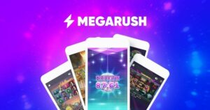 Promotieafbeelding voor MegaRush Casino met mobiele apparaten met kleurrijke gokautomaat- en casinospelinterfaces op een levendige paarse achtergrond.