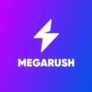 Logo van MegaRush Casino op een blauwe en paarse achtergrond met kleurovergang.