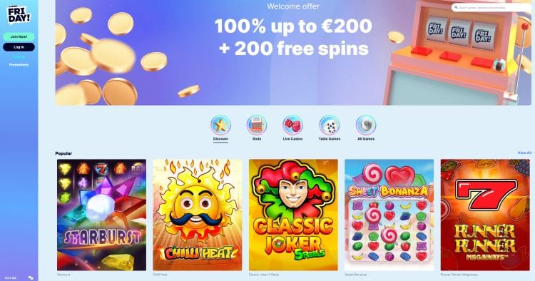 Een screenshot van de online casinowebsite van Casino Friday die een welkomstbonus aanbiedt, met verschillende miniatuurweergaven van gokspellen.