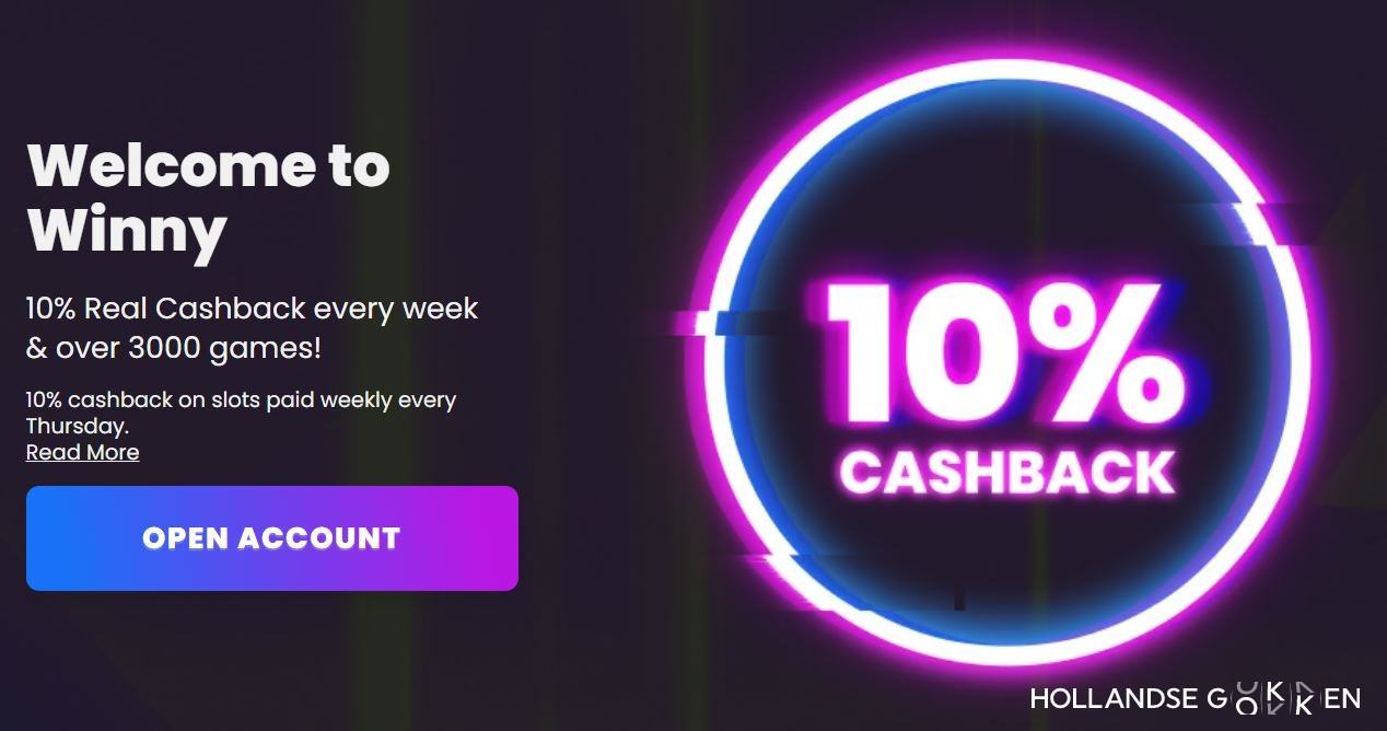 Promotieafbeelding voor Winny Casino met een wekelijkse cashback-aanbieding van 10% op casinospellen.