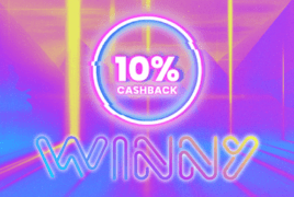 Levendige advertentie met een "10% cashback" aanbieding bij Winny Casino.