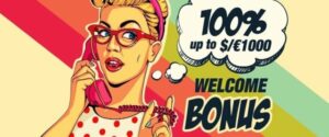 Advertentie in pop-artstijl met een vrouw met een telefoon en een sms waarin een "welkomstbonus van 100% tot $/€ 1000" wordt aangekondigd bij Rant Casino.