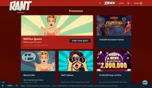 Een website-startpagina voor Rant Casino met promoties, toernooien en games met kleurrijke en geanimeerde afbeeldingen.