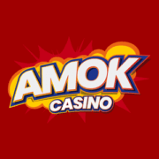Geanimeerd logo van "amok casino" met een explosie-achtergrond in stripboekstijl.